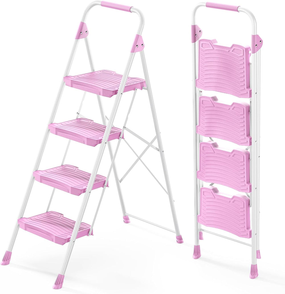 KINGRACK 4 Step Ladder, 900lbs Sturdy Step Stool with Handrail, Anti-Slip Wid...
