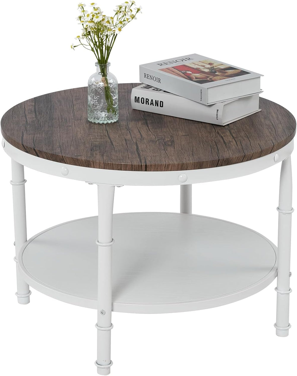 VINGLI 25.6" Round Farmhouse Coffee Table with Storage, Dark Walnut White