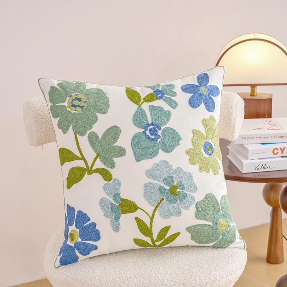 IcosaMro Pack of 2 Embroidered Floral Decorative Throw Pillow Covers 18x18 In...