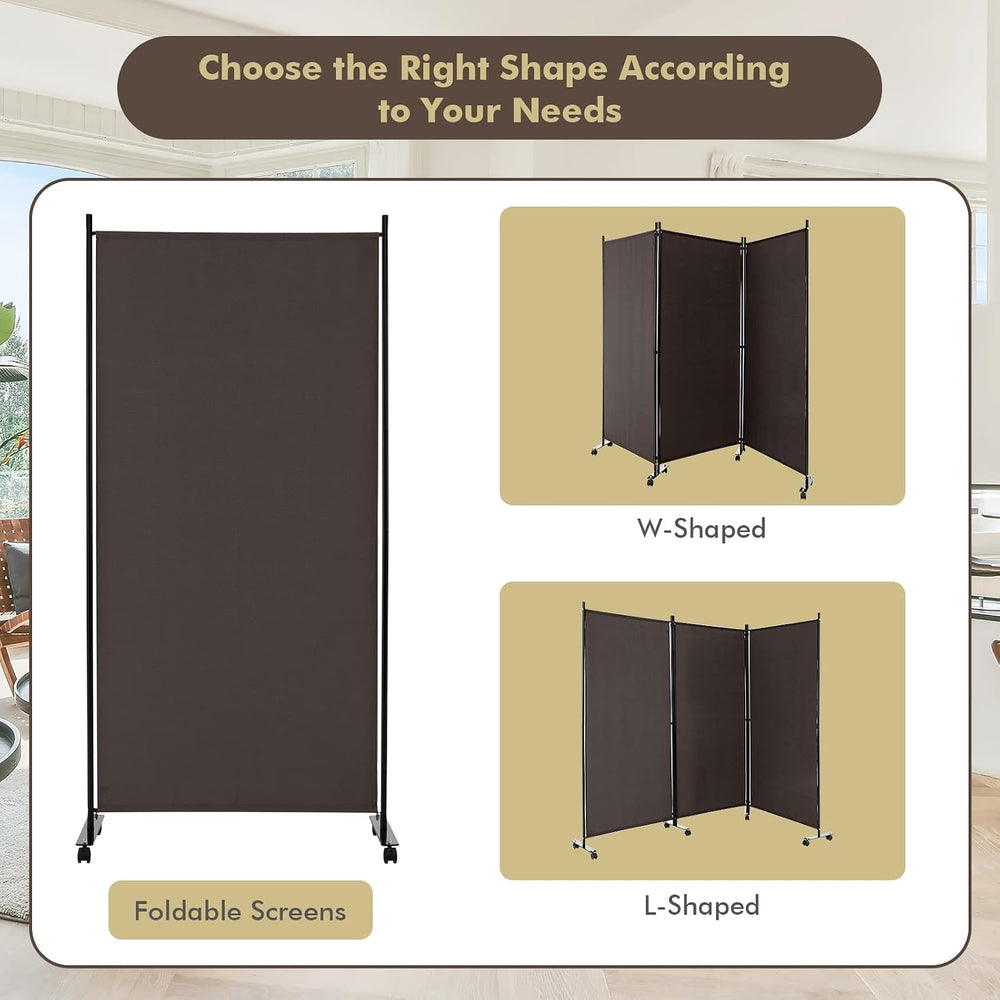 Giantex 3 Panel Folding Room Divider with Wheels, 103" x 71", Brown