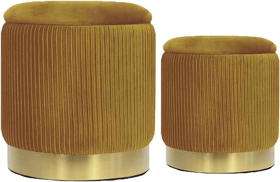 Round Ottoman with Storage, Yellow Velvet, Set of 2