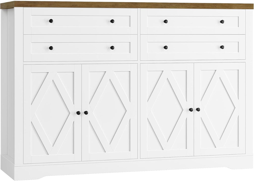 HOSTACK 55"W Kitchen Buffet Sideboard Cabinet with 4 Storage Drawers, White