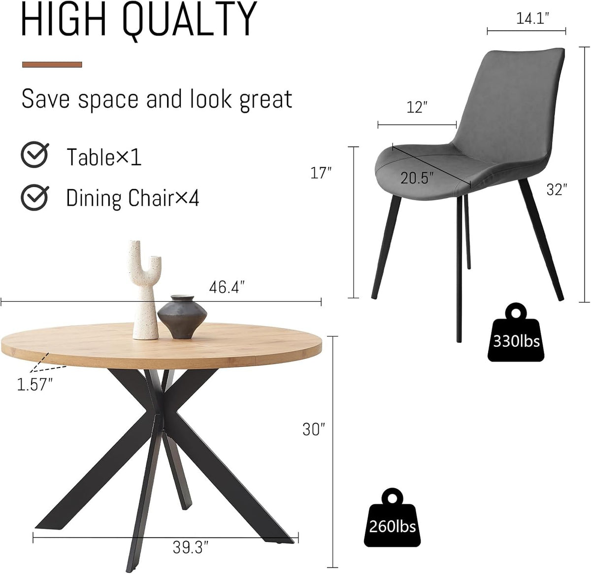 zerifevni 46.4" round dining table set, mid century, close-up detail