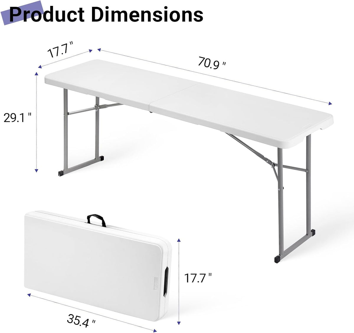Byliable Folding Table 6FT Narrow Portable Plastic Heavy Duty Table, White