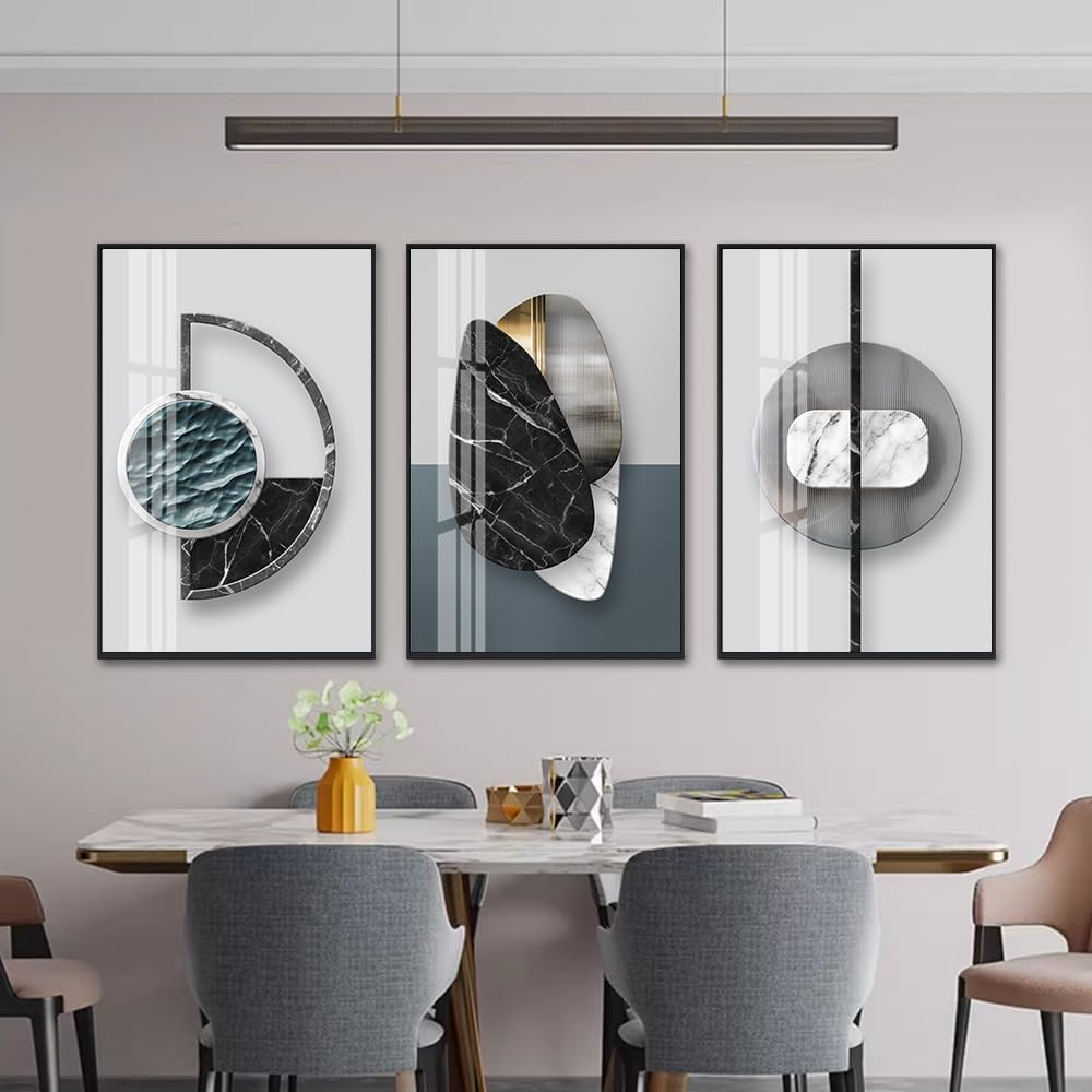 QKF 3Pcs Abstract Marble Geometric Crystal Surface Framed Canvas Wall Art