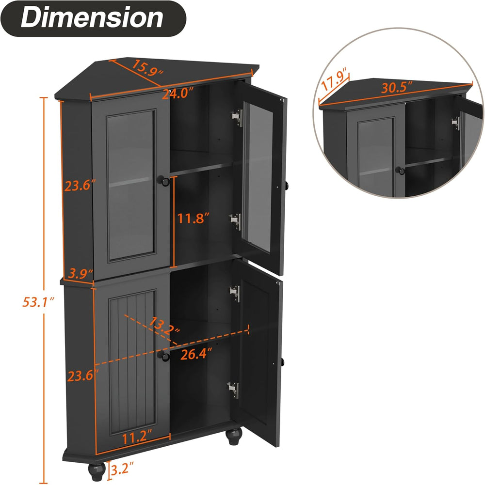 53'' Corner Cabinet with Glass Doors, Black Corner Shelf for Living Room
