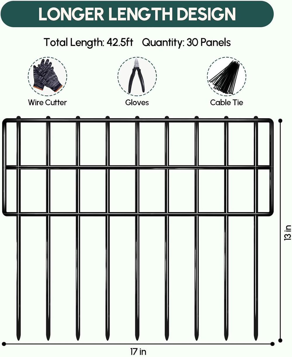 42.5ft (L) x 13in (H) Garden Fence Animal Barrier, 30 Panels No Dig Fence for...