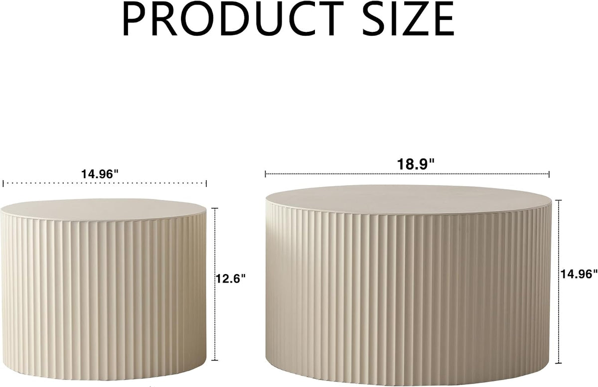 Nesting Round Coffee Table Set of 2, Accent End Table for Small Spaces, Morden Drum Side Table, Wooden Circle Center Table for Living Room, Fully Assembled - Cream White