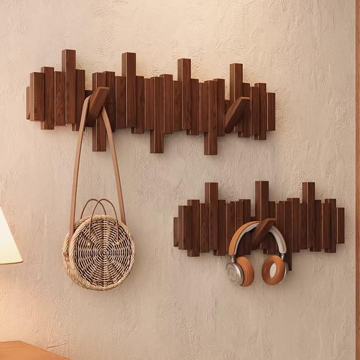 Piano Coat Rack Wall Mount, Wooden Magnetic Wall Hooks with Flip-Down Design,...