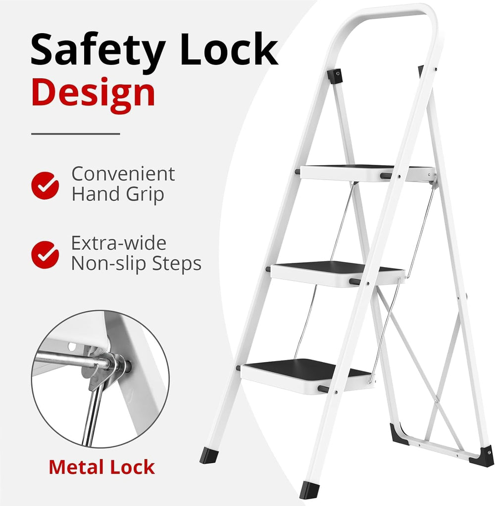 HBTower 3 Step Ladder, Folding Step Stool for Adults