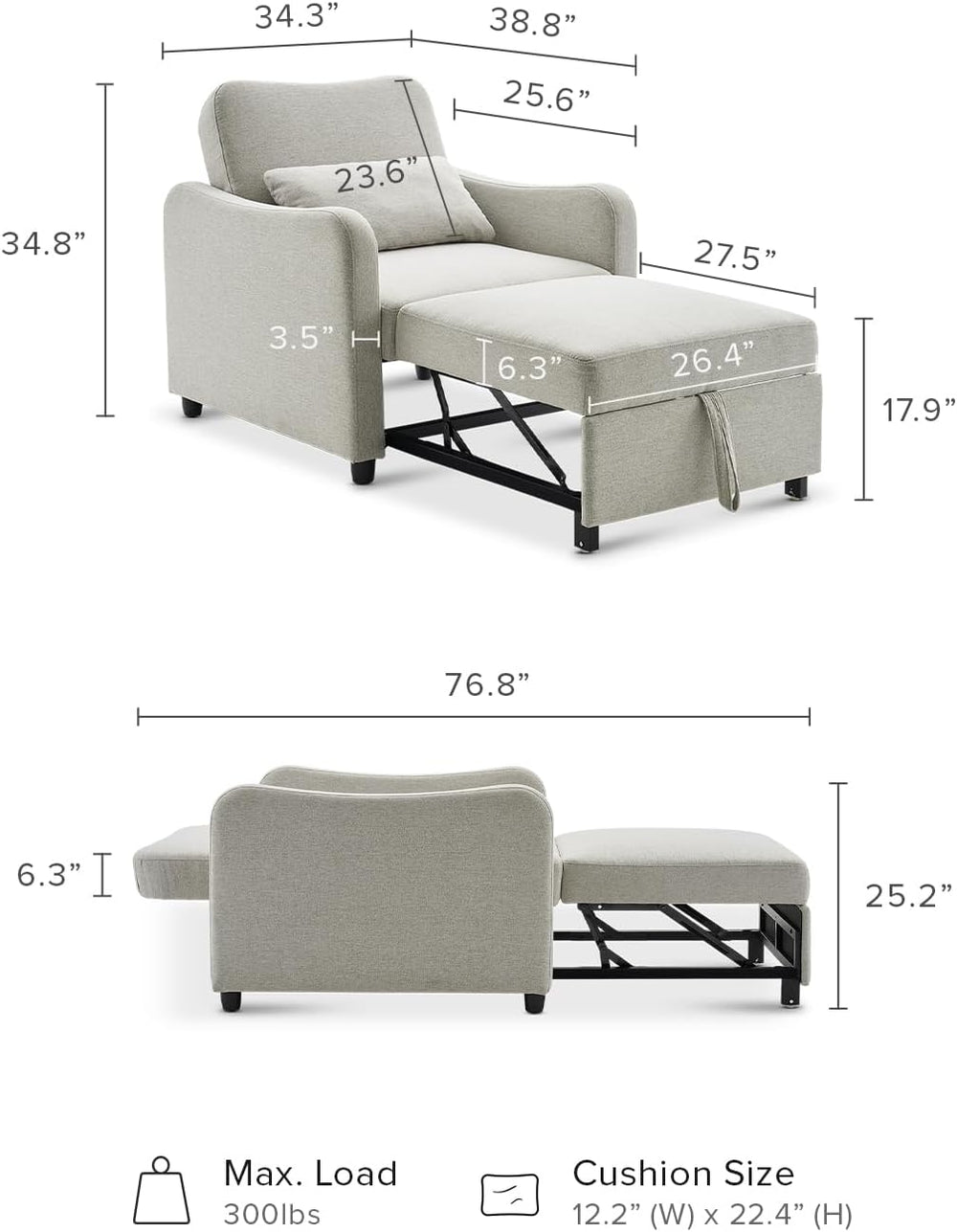 mopio Sophie Sleeper Chair, Sofa Bed, Accent Chair (Light Gray Fabric)
