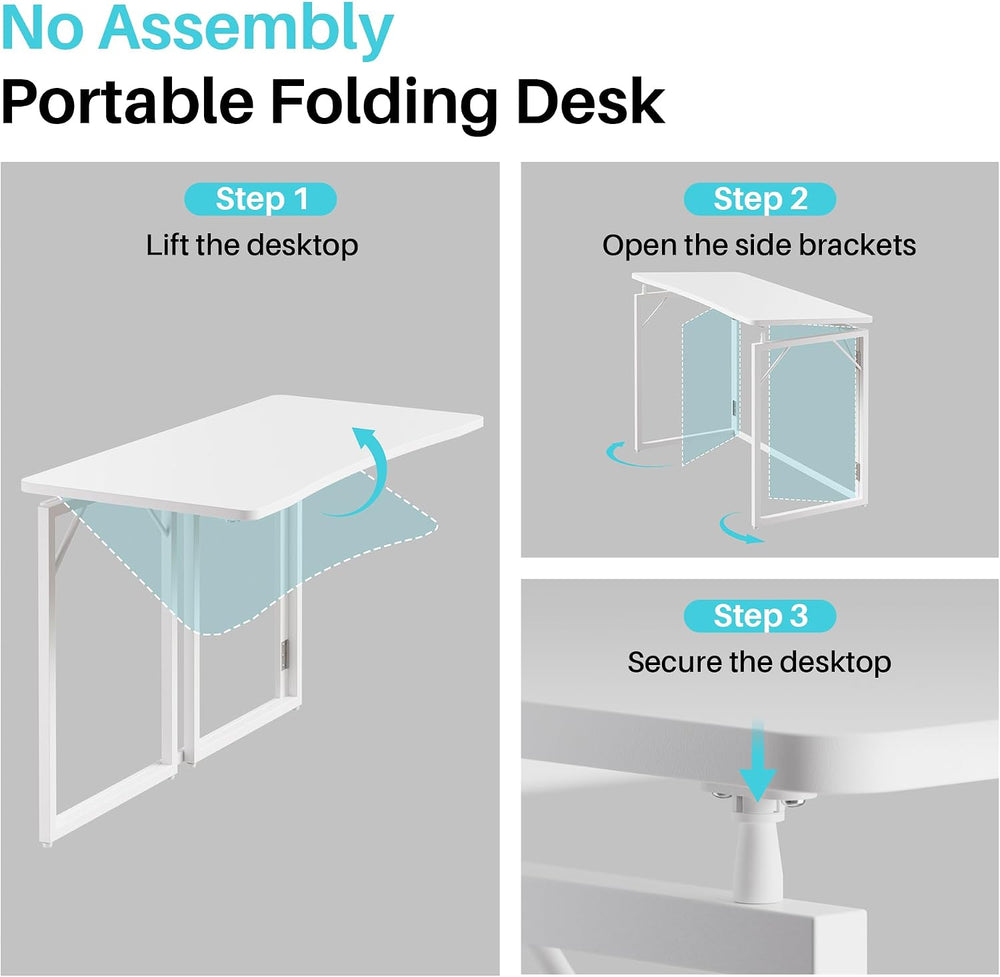 JOYMOOP 40" White Folding Desk, No Assembly, Wooden Top, Middle Size