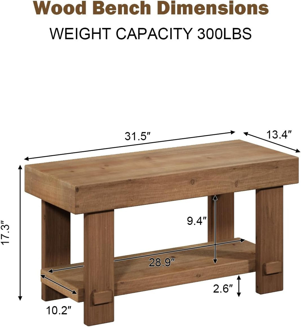 31.5" Solid Wood Bench, Small Farmhouse Narrow Storage Bench, Natural | with Storage Shelf, Rustic, Easy Assembly, for Indoor, Entryway, Dining Room, Living Room and Hallway