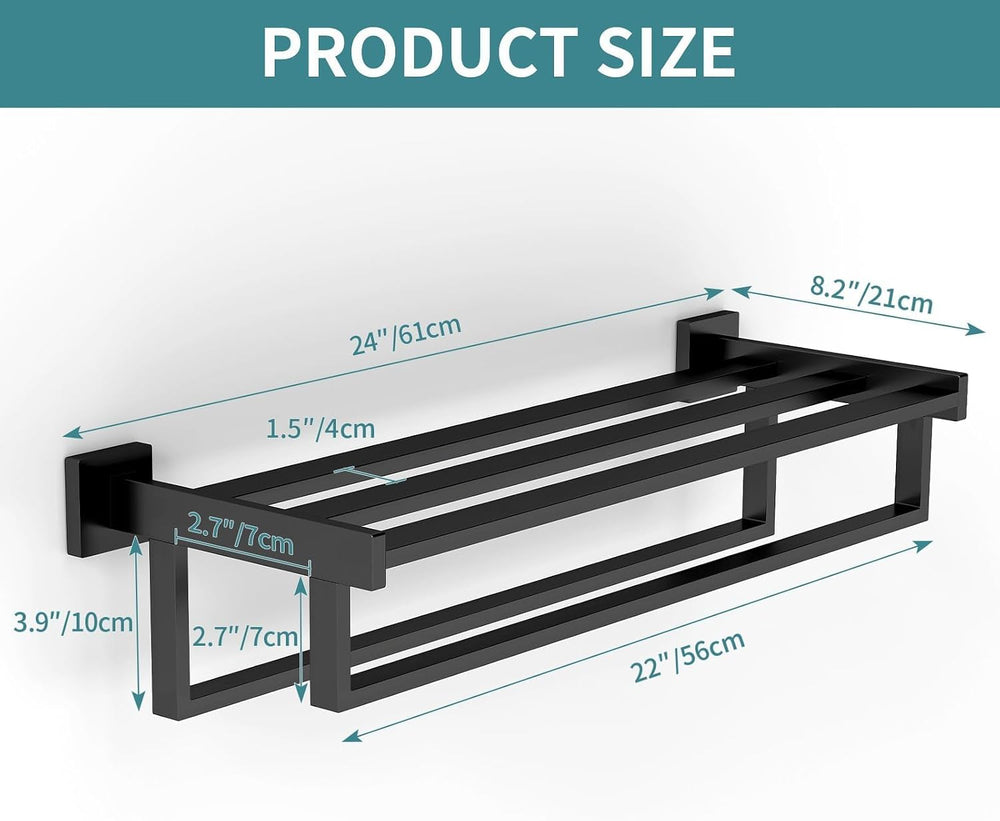 STWWO Towel Racks with Shelf for Bathroom Wall Mounted, 24 Inch, Black