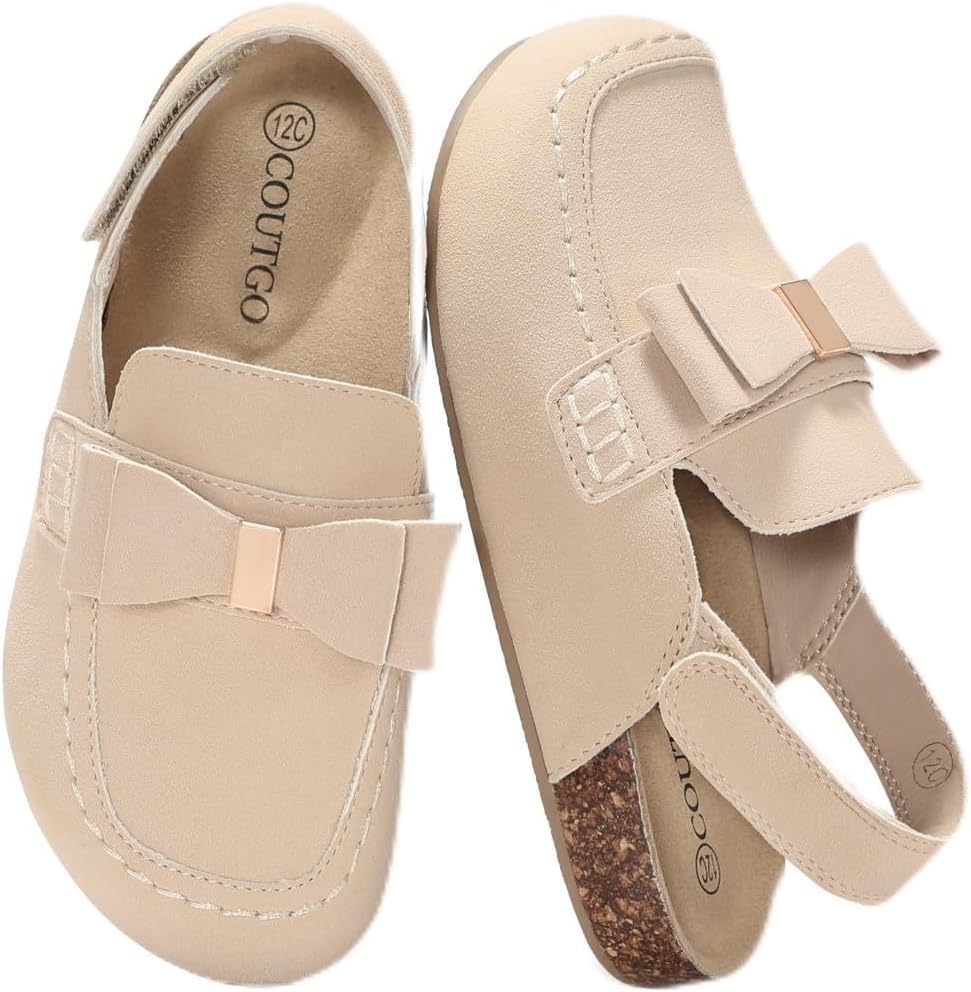 Coutgo Suede Clogs for Girls Bow Cork Footbed Comfortable Slip On Mules