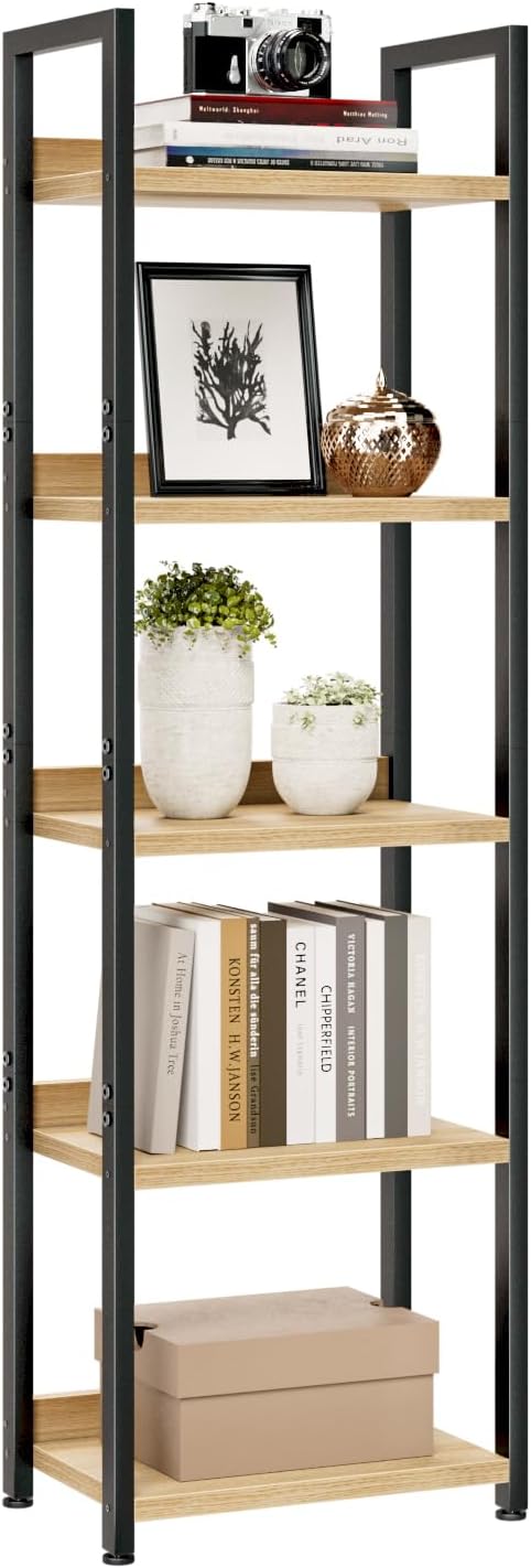 NUMENN Narrow Bookshelf, 5 Tier Freestanding Shelving Unit, Natural