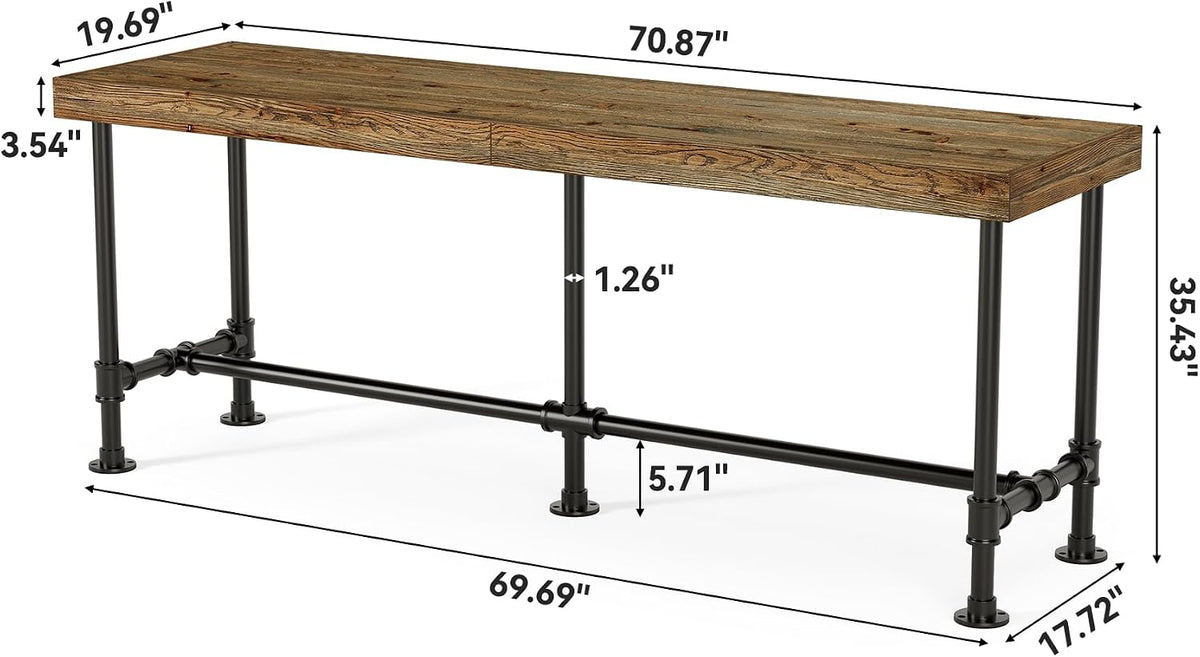 70.9-Inch Long Solid Wood Bar Table for 6-8 People, Industrial Narrow Counter Height Pub Table with Metal Footrest, Rectangular High Top Bar Unit for Kitchen Dining, Rustic Brown(Table Only)