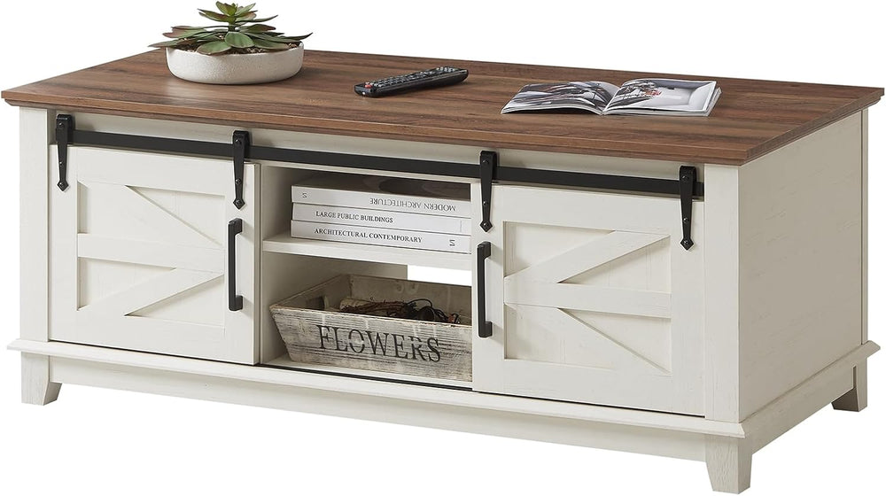 AMERLIFE 48" Farmhouse Coffee Table with Sliding Barn Doors, Rustic White