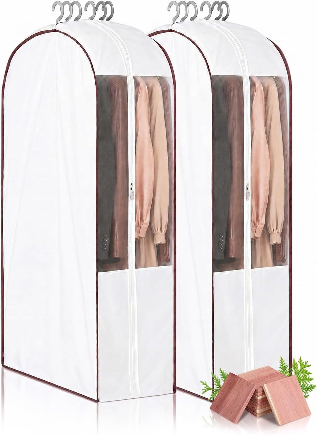 41" Cotton Garment Bags for Hanging Clothes, 2 Pack Breathable Suit Bags for Closet Storage, 10" Wide Gusseted & Clear Window, for Suits, Short Dresses, Sweaters, with Cedar Blocks