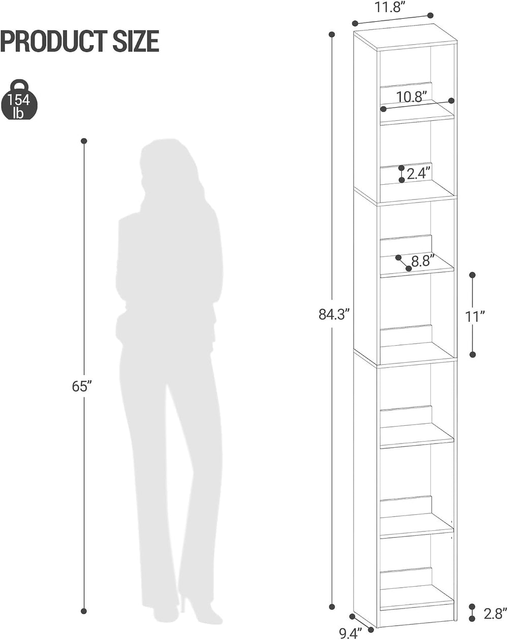 Hzuaneri Bookcase, Tall Narrow Bookshelf, Open Display Storage Shelf
