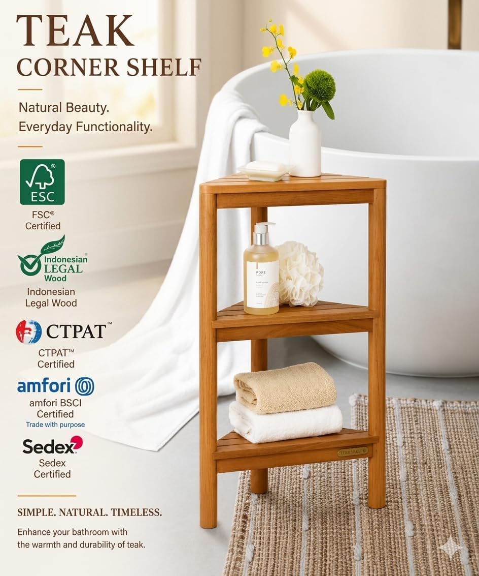 Fully Assembled Teak Corner Shower Shelf, Shower Caddy 26.5"