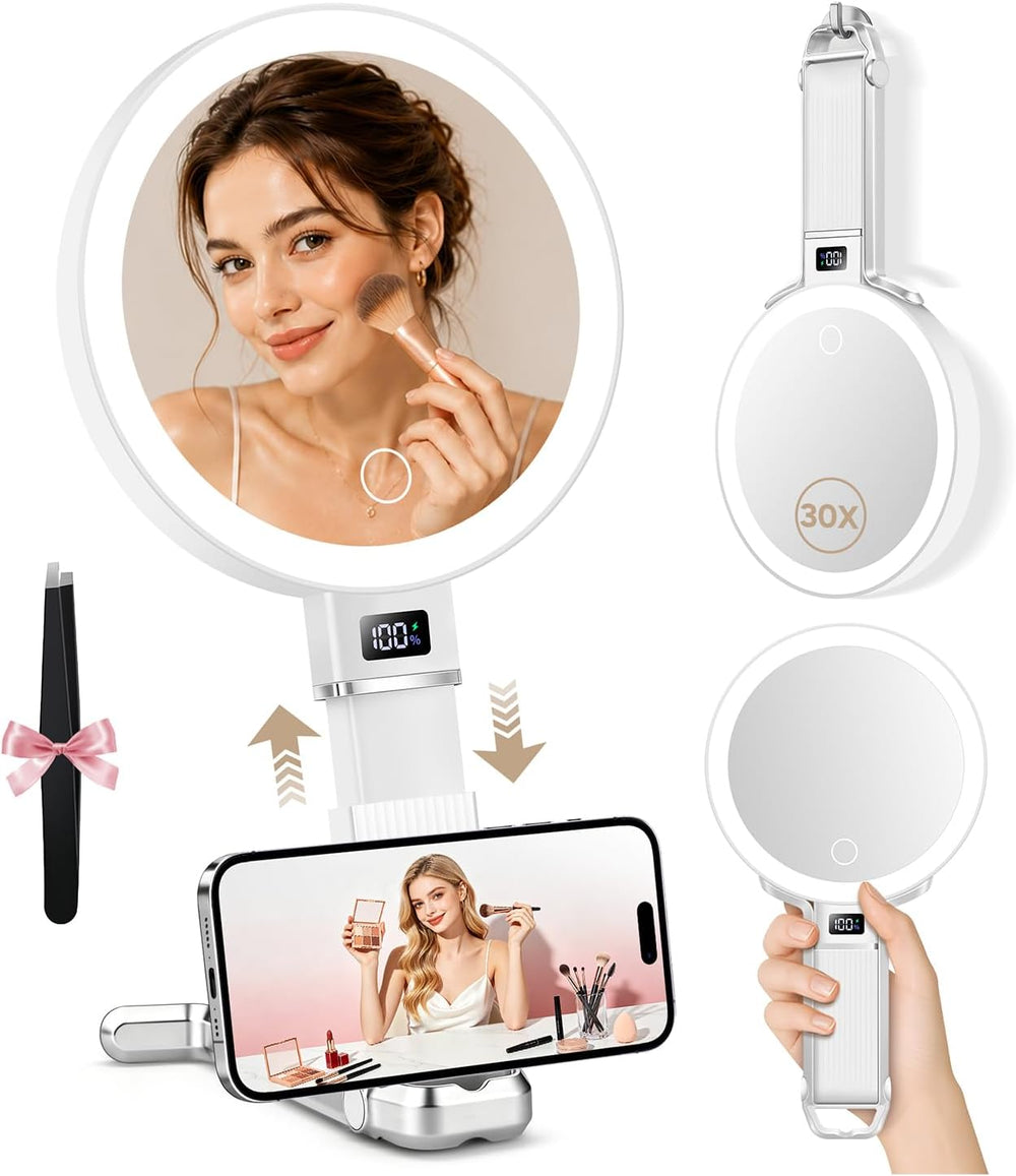 MIYADIVA Travel Makeup Mirror with Lights, Height Adjustable 30X/1X Double-Si...