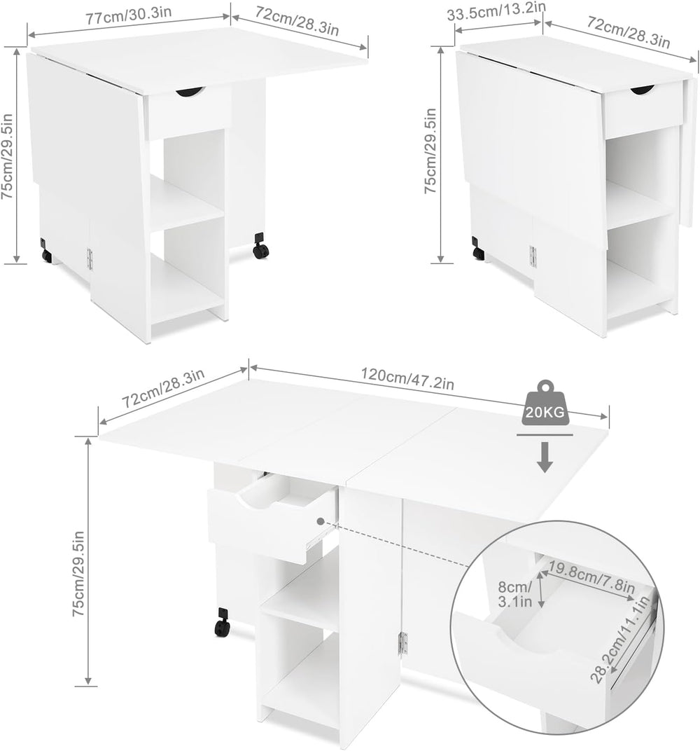 Mondeer Folding Dining Table with Drawer and Shelves, White