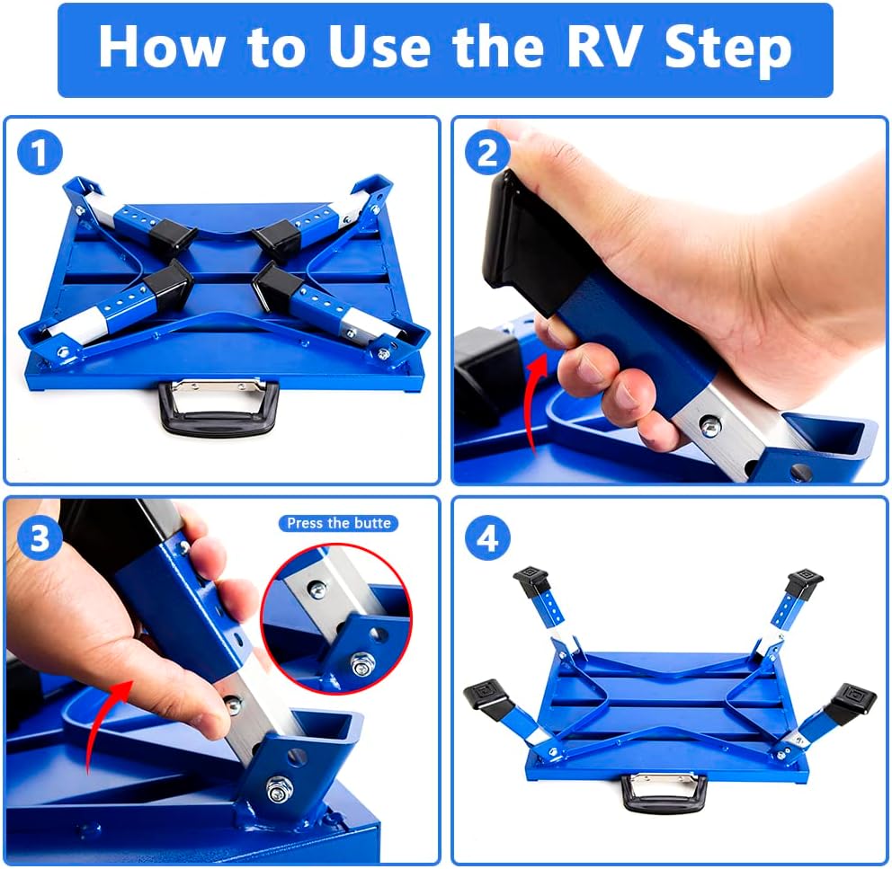Homeon Wheels Adjustable RV Step Stool, Folding Aluminum Legs, Blue
