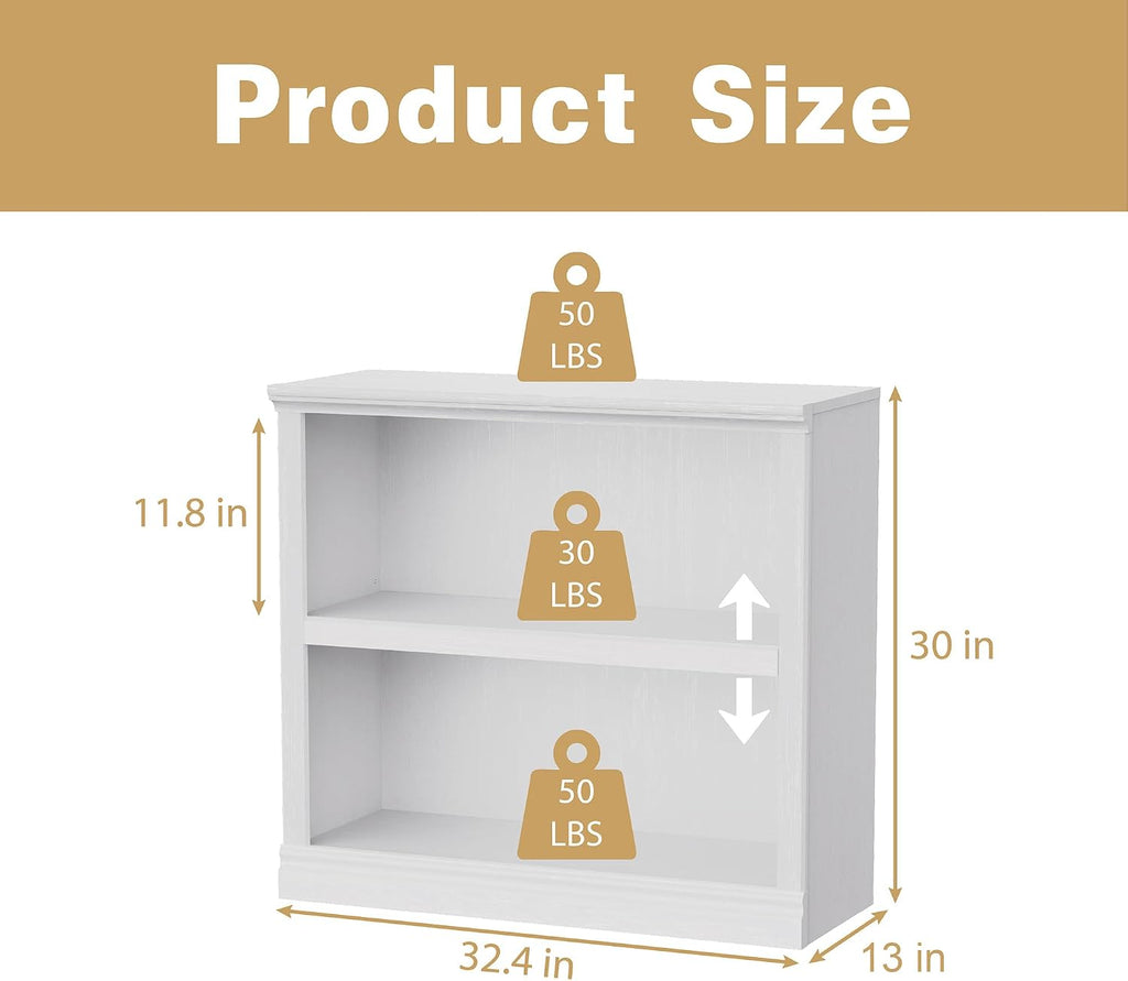 blini 2-shelf white bookcase wooden bookshelves 33in wide, close-up detail