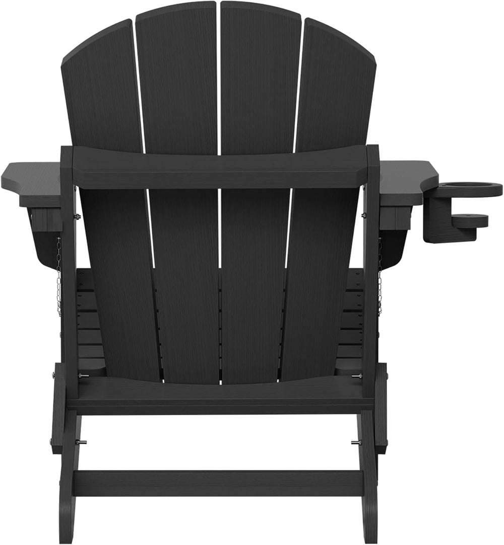 SERWALL Folding Adirondack Chairs with Cup Holder, Outdoor Fire Pit - Black