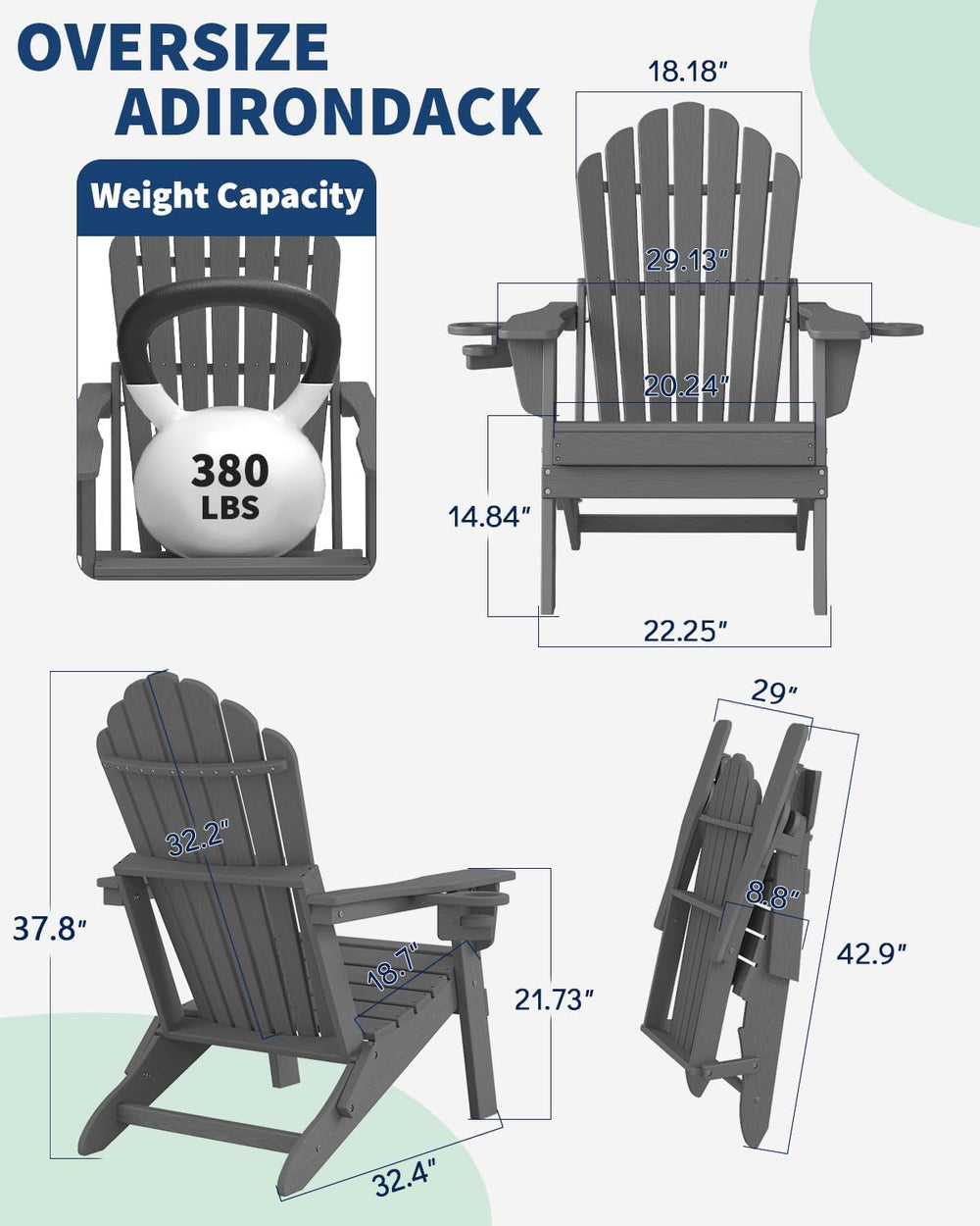 Plawdlik Oversized Folding Adirondack Chair Set of 2, Outdoor Chair, Grey