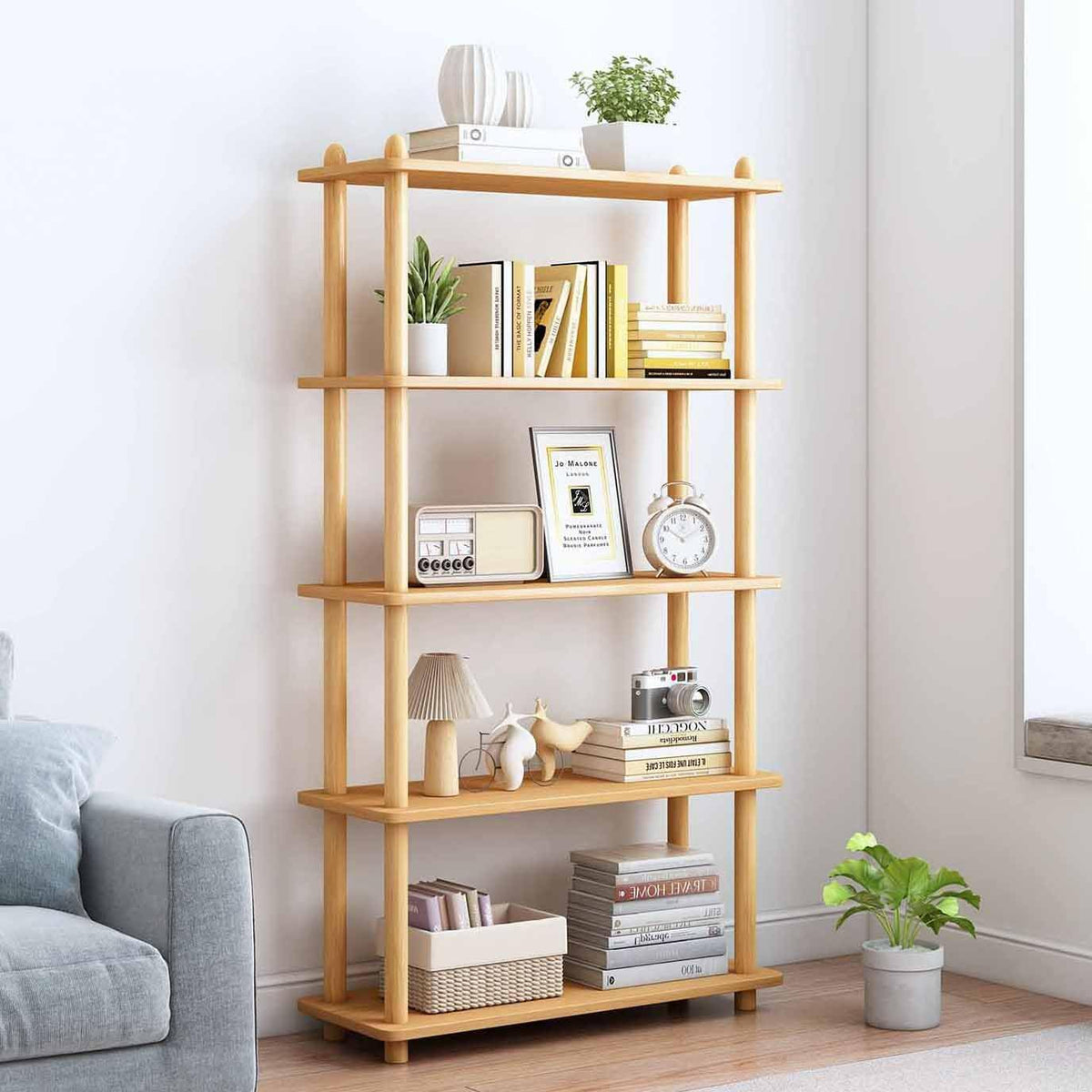 IOTXY 5-Tier Wooden Shelf Bookcase, Freestanding Open Bookshelf, Oak