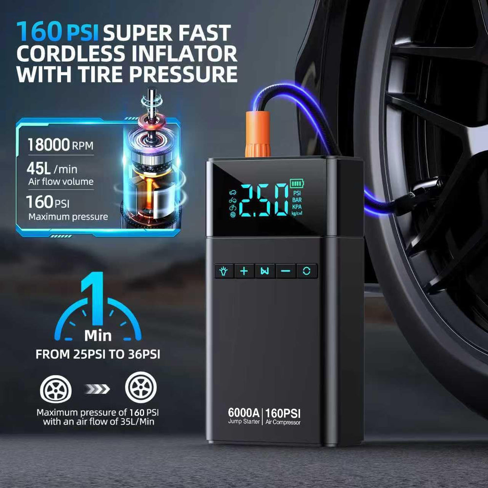 6000A Portable Car Battery Jump Starter with Air Compressor 160PSI