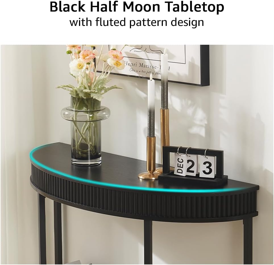 Fluted Half Moon Console Table, Modern 2-Tier Black Entryway Console