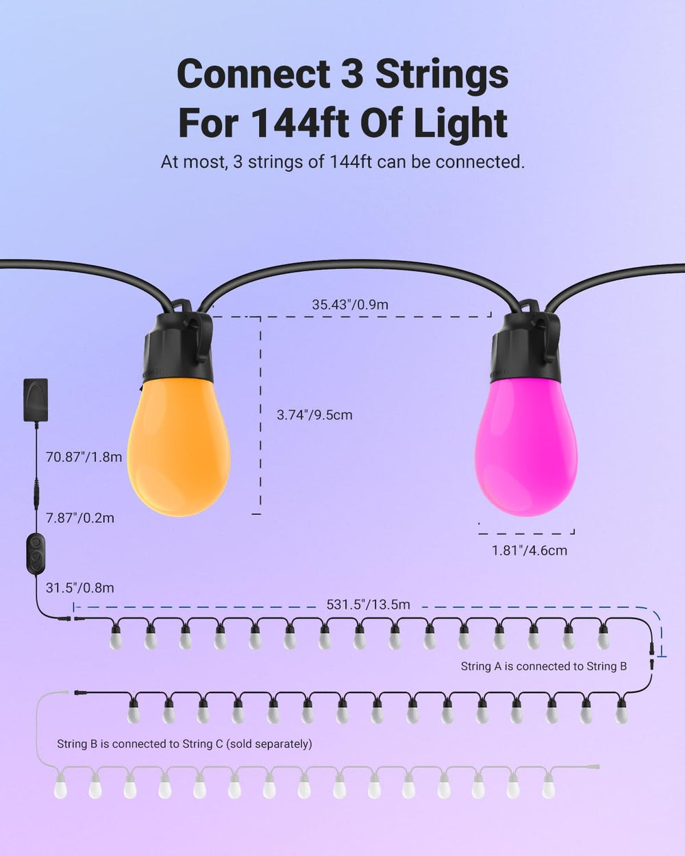 NEEWER NR01 96ft Outdoor String Lights, App Control Smart AI RGBW Lighting