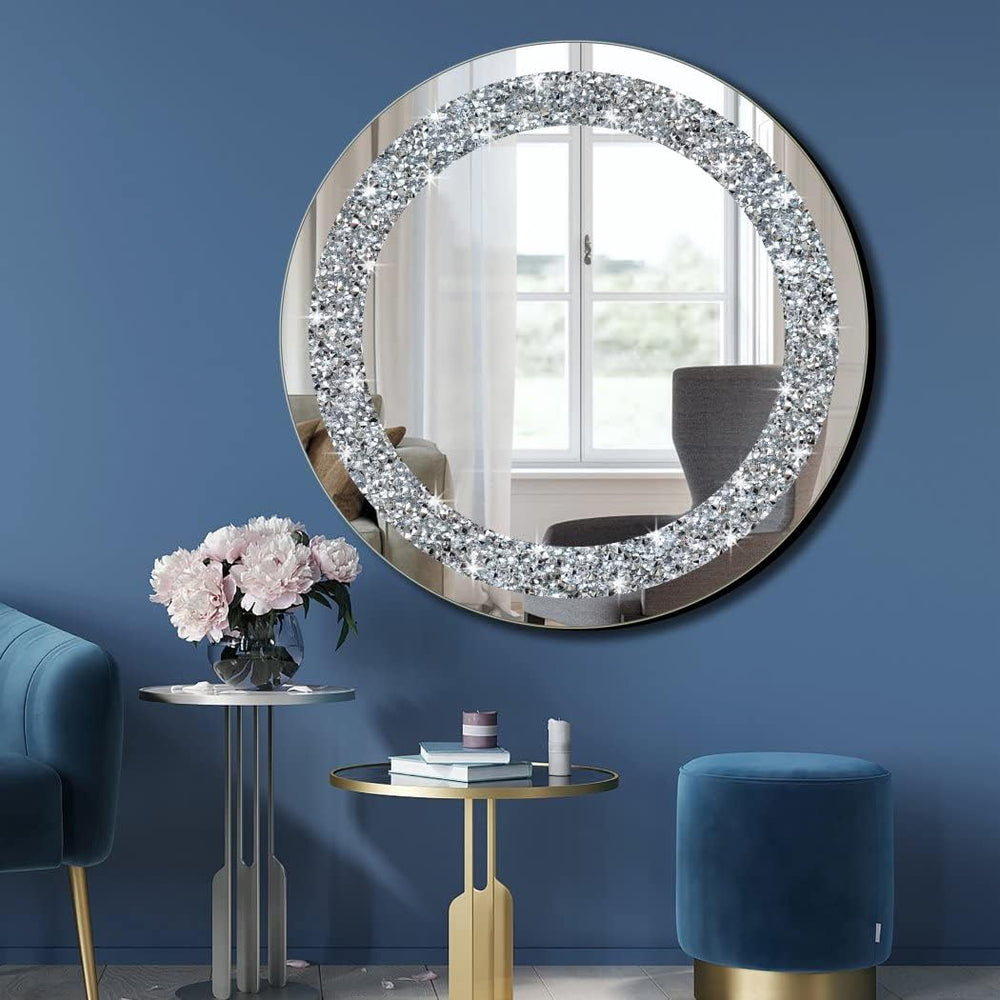 Crystal Crush Diamond Sparkly Round Silver Mirror for Wall Decoration 20x20x1...