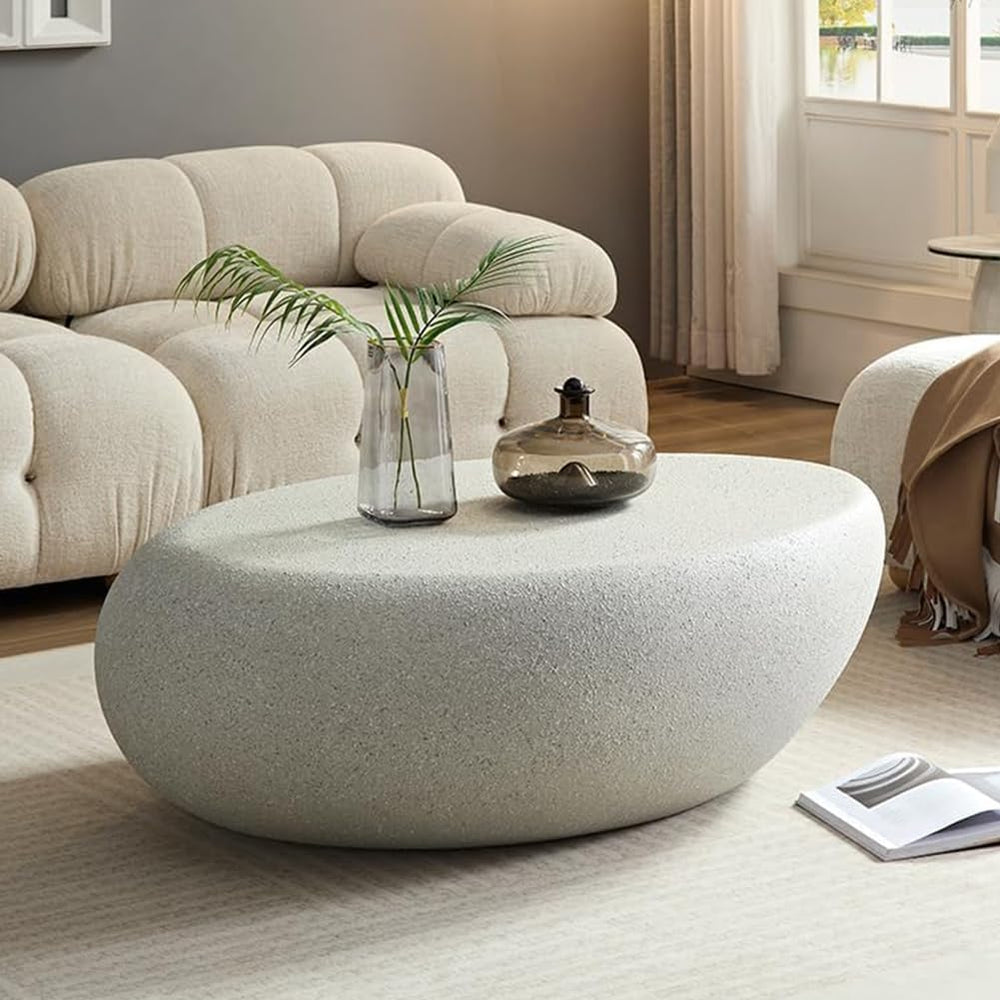 Oval Coffee Table, Faux Stone Center Table, No Assembly