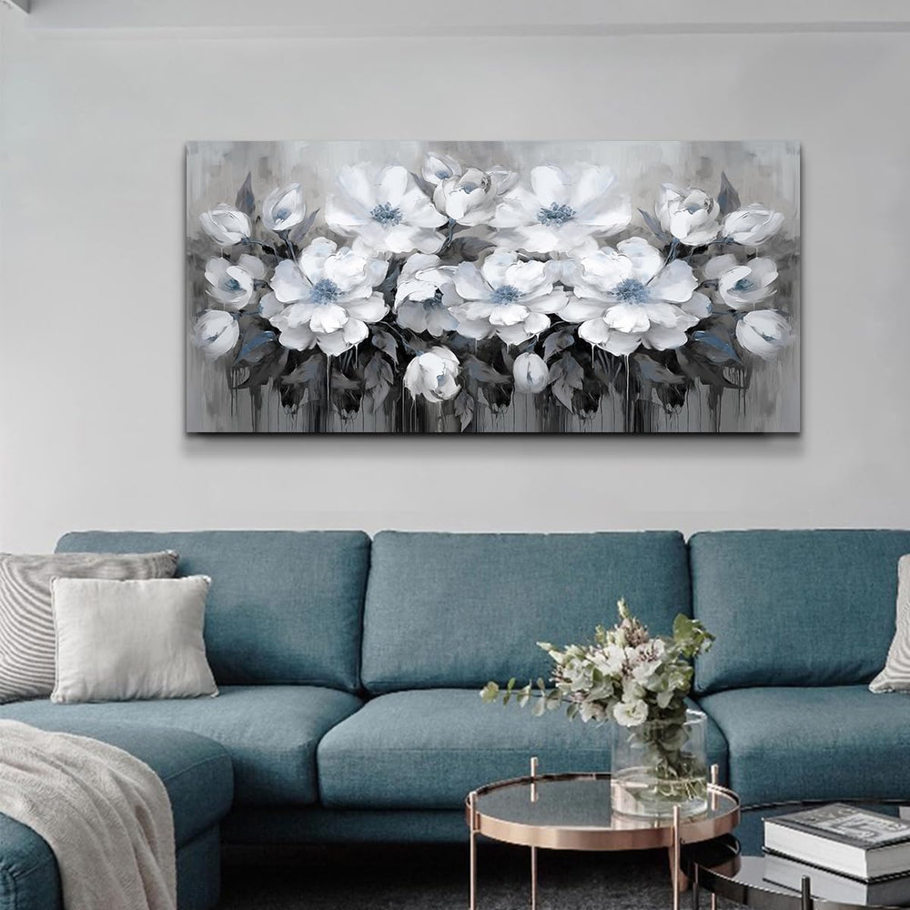 AnZhongArt Living Room Wall Art,White and Blue-gray Flower Landscape for Livi...
