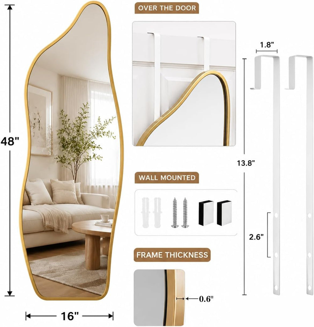 Full Length Door Mirror, 48"x16" Wall Mounted Mirror, Gold