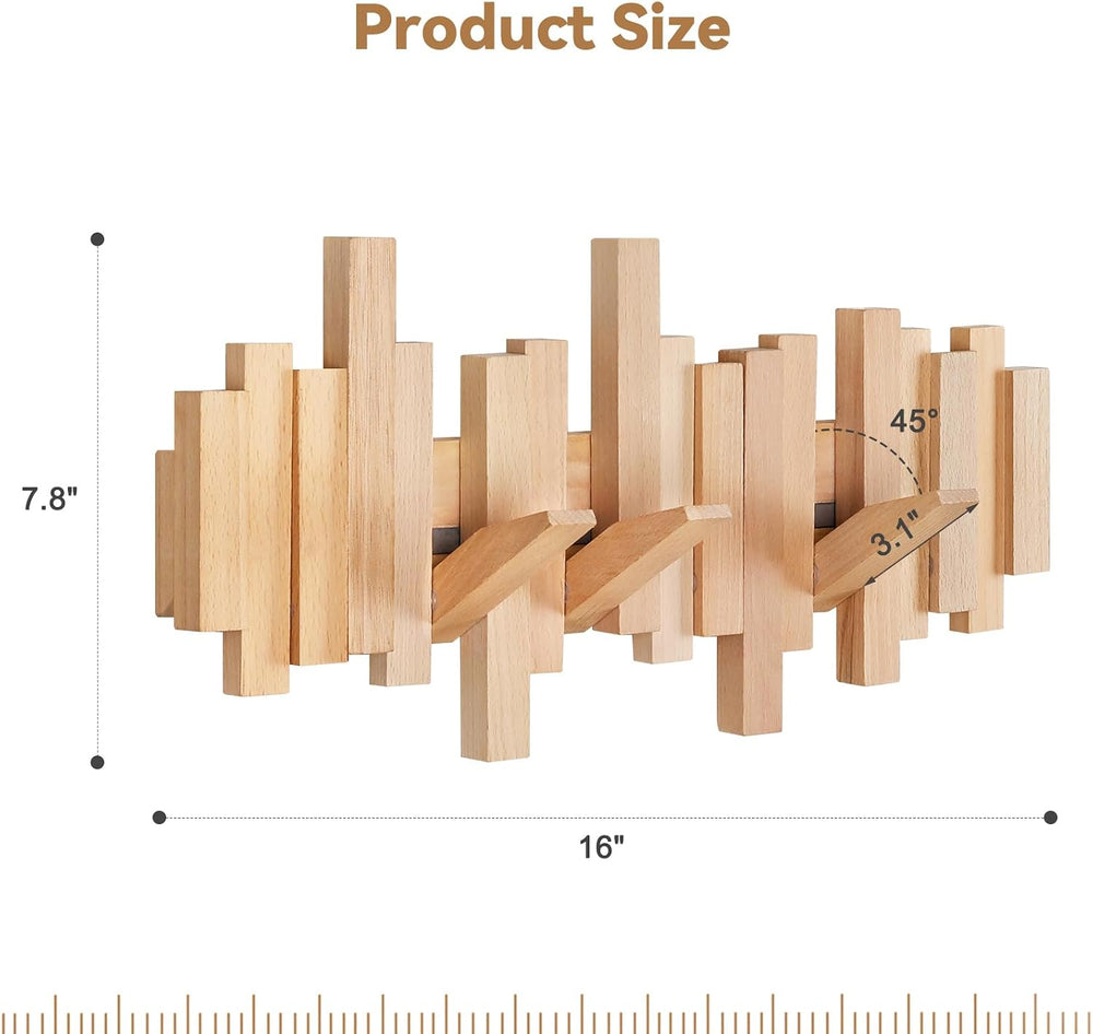 Ufine Wood Wall Mounted Coat Rack with 6 Flip-Down Hooks