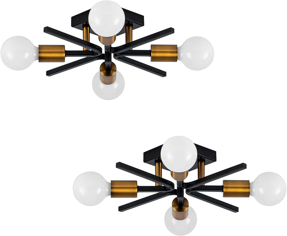 Black Gold Sputnik Ceiling Light Fixture 2-Pack, Farmhouse Semi Flush Mount