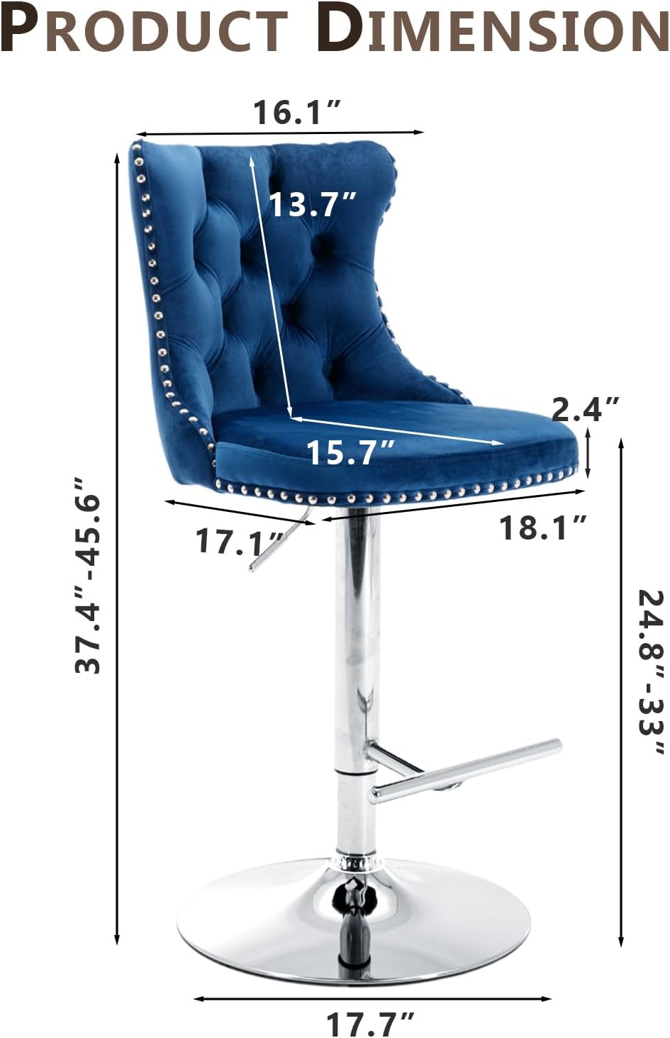 Velvet Bar Stool Set of 2, Adjustable Swivel Bar Stools with Silver Plated Me...
