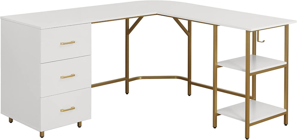 Techni Mobili 59" Two-Tone L‑Shaped Office Desk with Storage Shelves, Gold