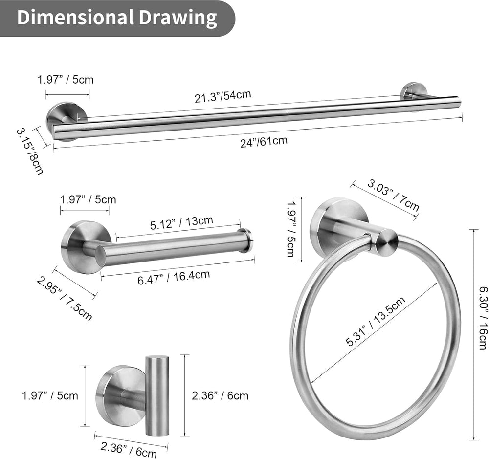 5pcs Brushed Ncikel Bathroom Accessories Set, 24 inch Towel Bar