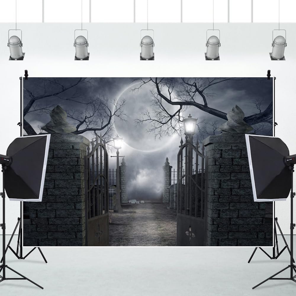 10x8ft Halloween Full Moon Cemetery Forest Photo Backdrop Decor