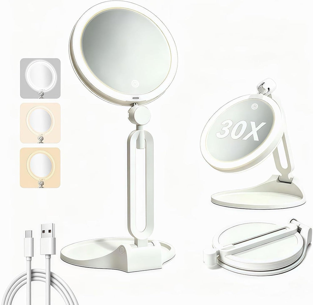 Travel Makeup Mirror with Lights 2026 New, 1X/30X Magnification Dual-Sided