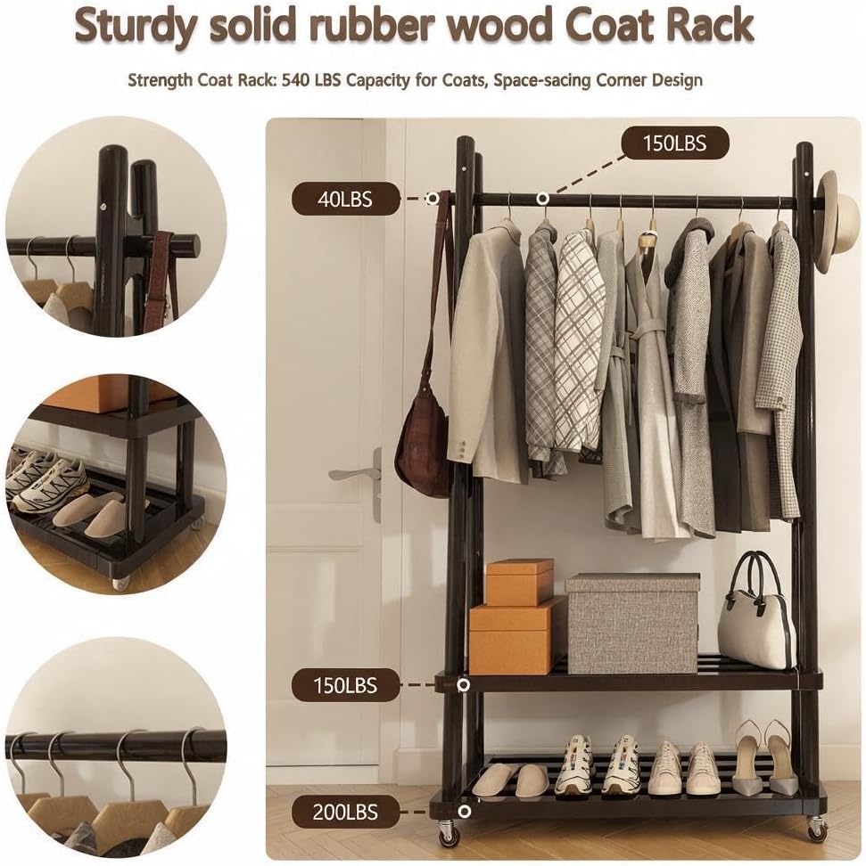 Solid Wood Clothing Rack with Wheels, Garment Rack Shelves, 31.5"W BLACK