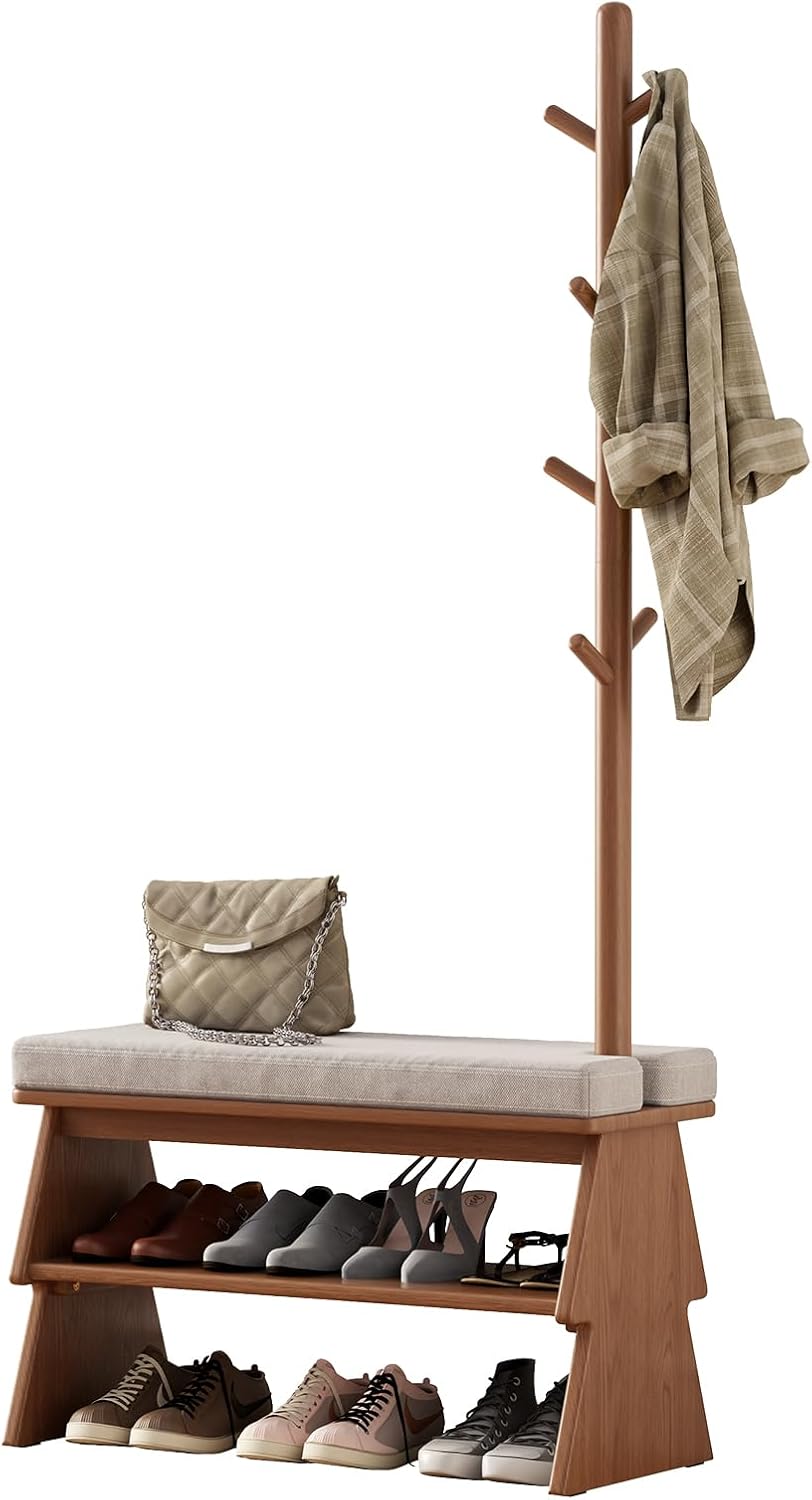 Coat Rack with Shoe Storage, Shoe Rack with 8 Hook, Walnut