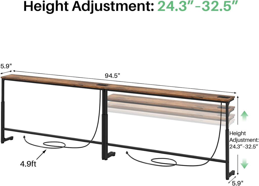 Kitstorack 94.5" Behind Couch Table, Height Adjustable Narrow Console | 24.3"-32.5" range, split for separate walls, 2 outlets, anti-scratch feet, rustic brown, ideal narrow sofa table