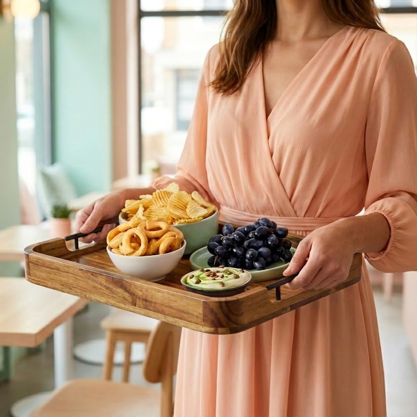 ZUJJAFY Serving Tray with Metal Handles, 17 x 13 in Acacia Wood Tray for Serv...